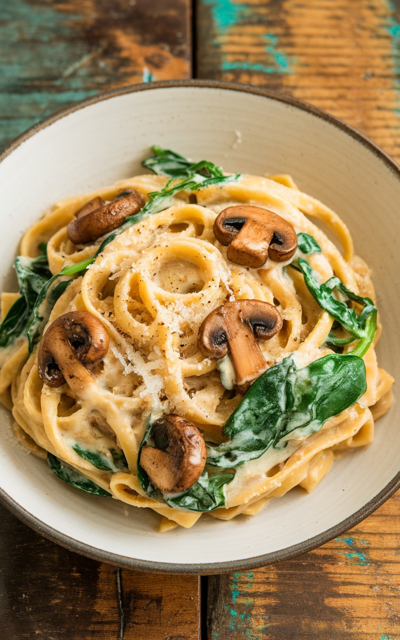 Creamy Garlic Parmesan Pasta with Spinach and Mushrooms Creamy garlic parmesan pasta with spinach and mushrooms, topped with parmesan cheese, served in a rustic setting.